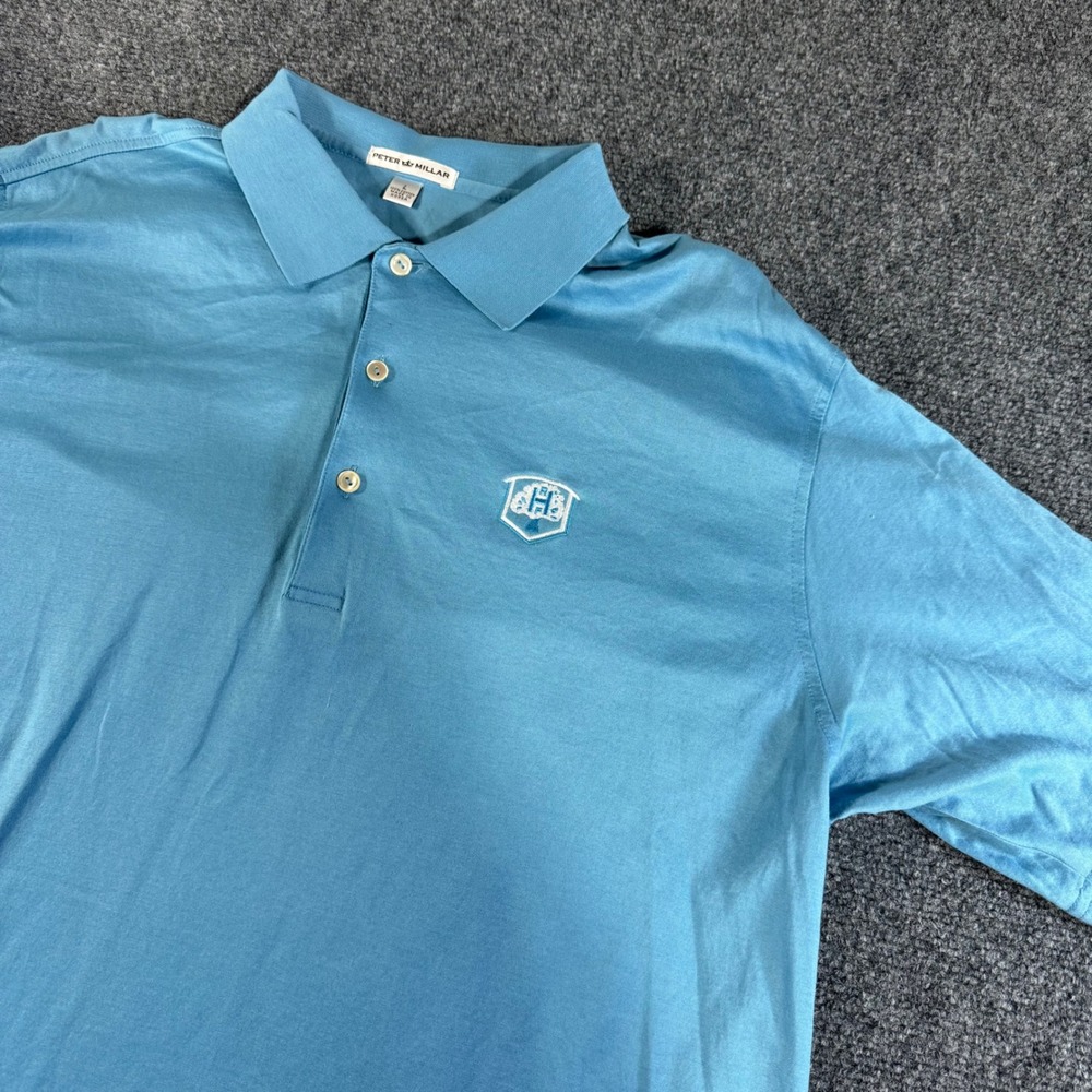 Peter‎ Millar Mens Blue 100% Cotton Short Sleeve Crest Logo Polo Shirt Size L
